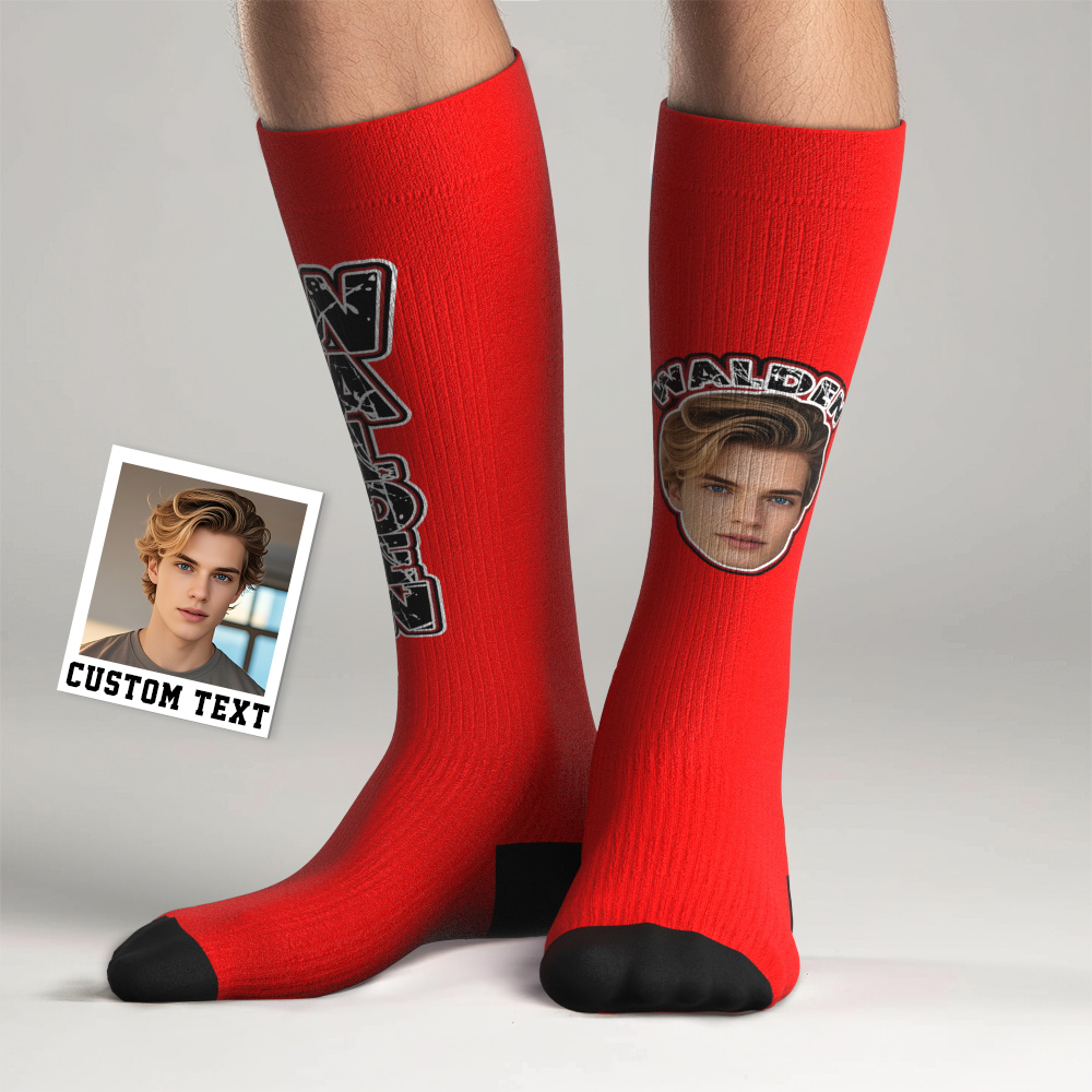 Custom Athletic Knee High Socks Blue High Socks Personalized Compression Socks Face and Text Knee High Socks - myfacesockseu