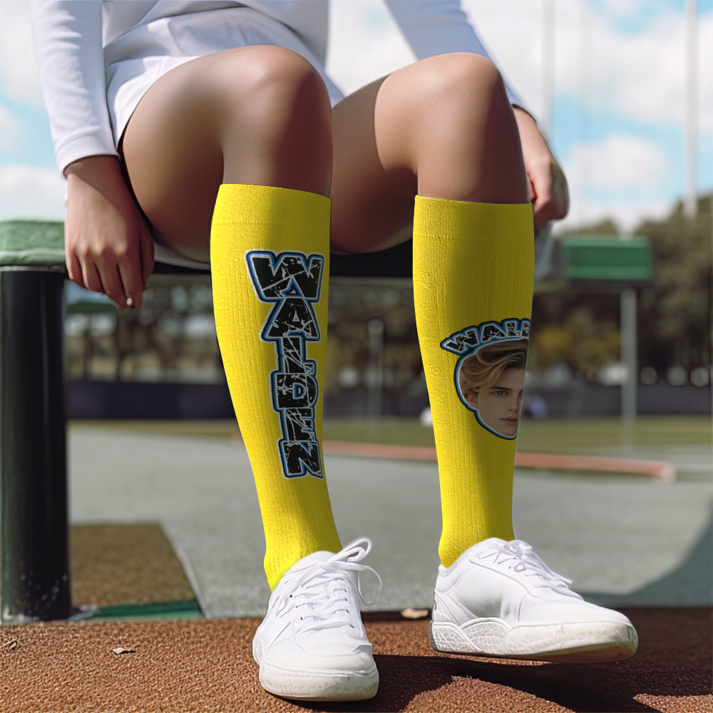 Custom Athletic Knee High Socks Blue High Socks Personalized Compression Socks Face and Text Knee High Socks - myfacesockseu