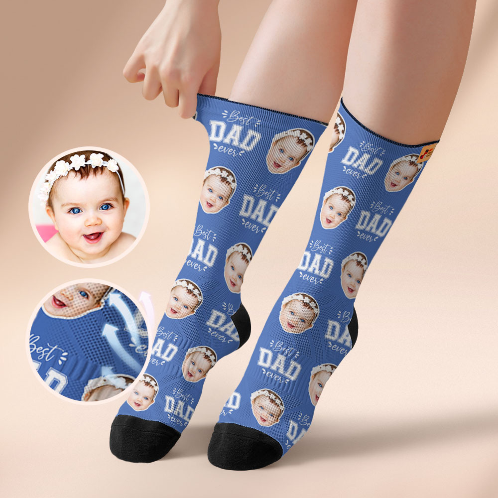 Custom Best Dad Ever Blue Photo Print Socks Colorful  Dad Socks Personalized Custom Design Best Fathers Day Gift - myfacesockseu