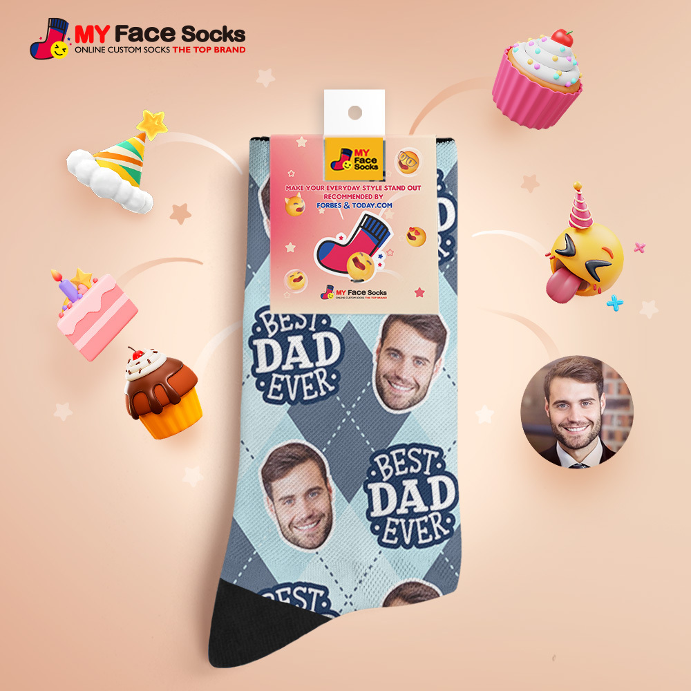 Custom Best Dad Ever Blue Photo Print Socks Colorful  Dad Socks Personalized Custom Design Best Fathers Day Gift - myfacesockseu