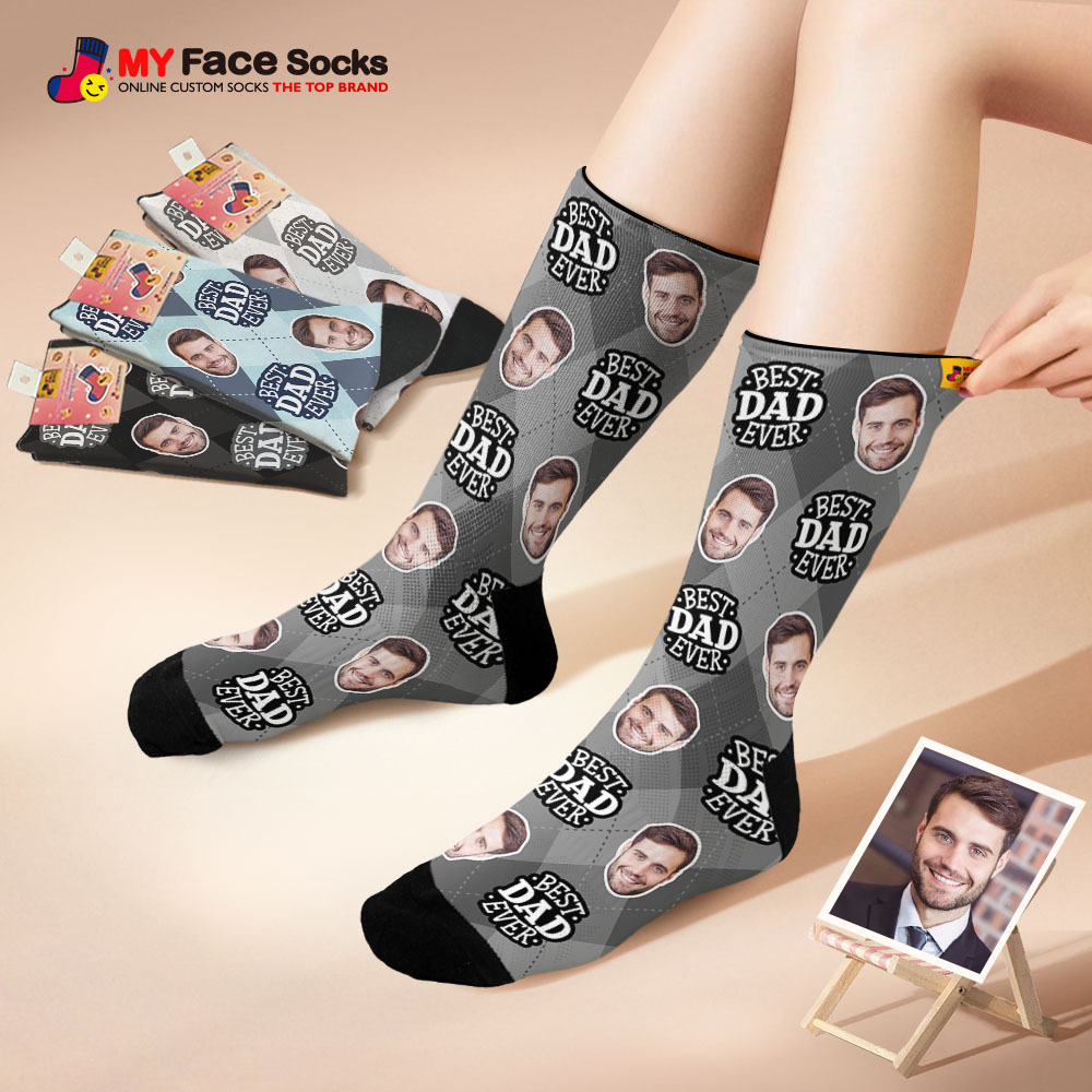 Custom Best Dad Ever Blue Photo Print Socks Colorful  Dad Socks Personalized Custom Design Best Fathers Day Gift - myfacesockseu