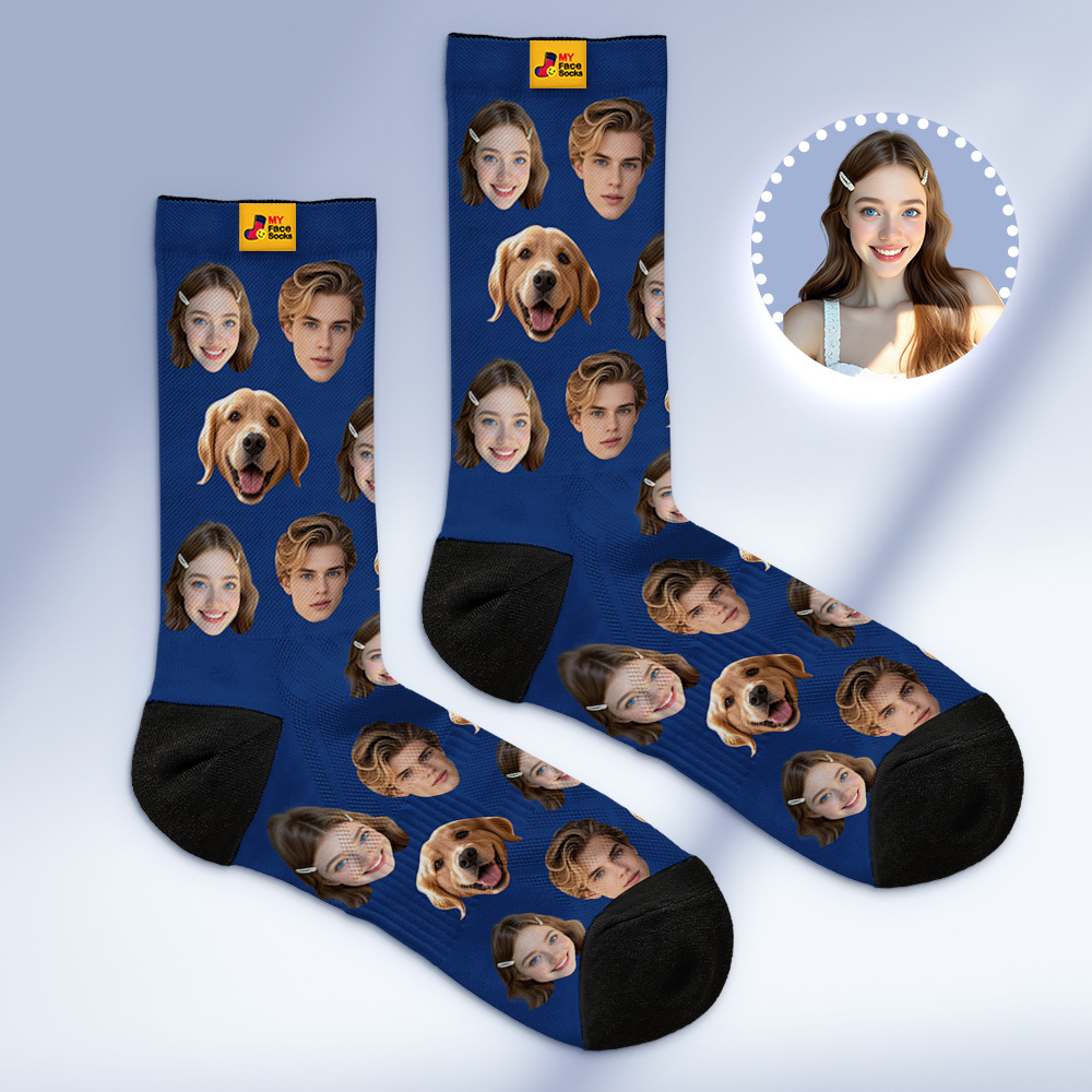 Custom Face Socks Personalized Socks with Faces Photo Dark Blue Funny Gift Photo Family Socks - myfacesockseu