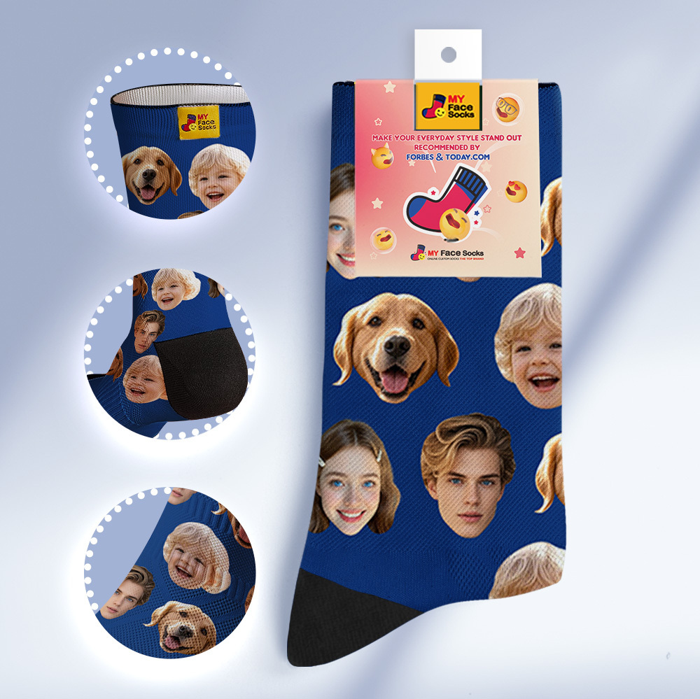 Custom Face Socks Personalized Socks with Faces Photo Blue Funny Gift Photo Family Socks - myfacesockseu