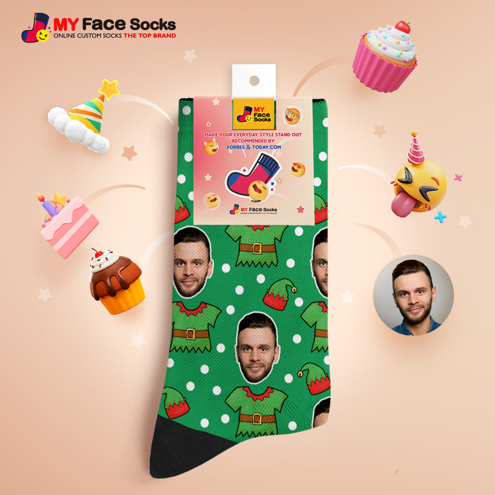 Custom Elf Face Socks Personalized Christmas Photo Socks Funny Holiday Gift for Family & Friends - myfacesockseu