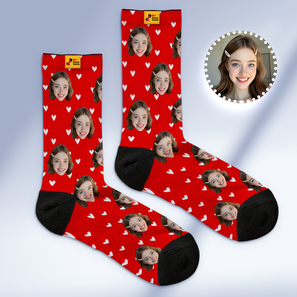 Custom Heart Face Socks Personalized Red Socks with Faces Photo Funny Gift Photo Couple Family Socks