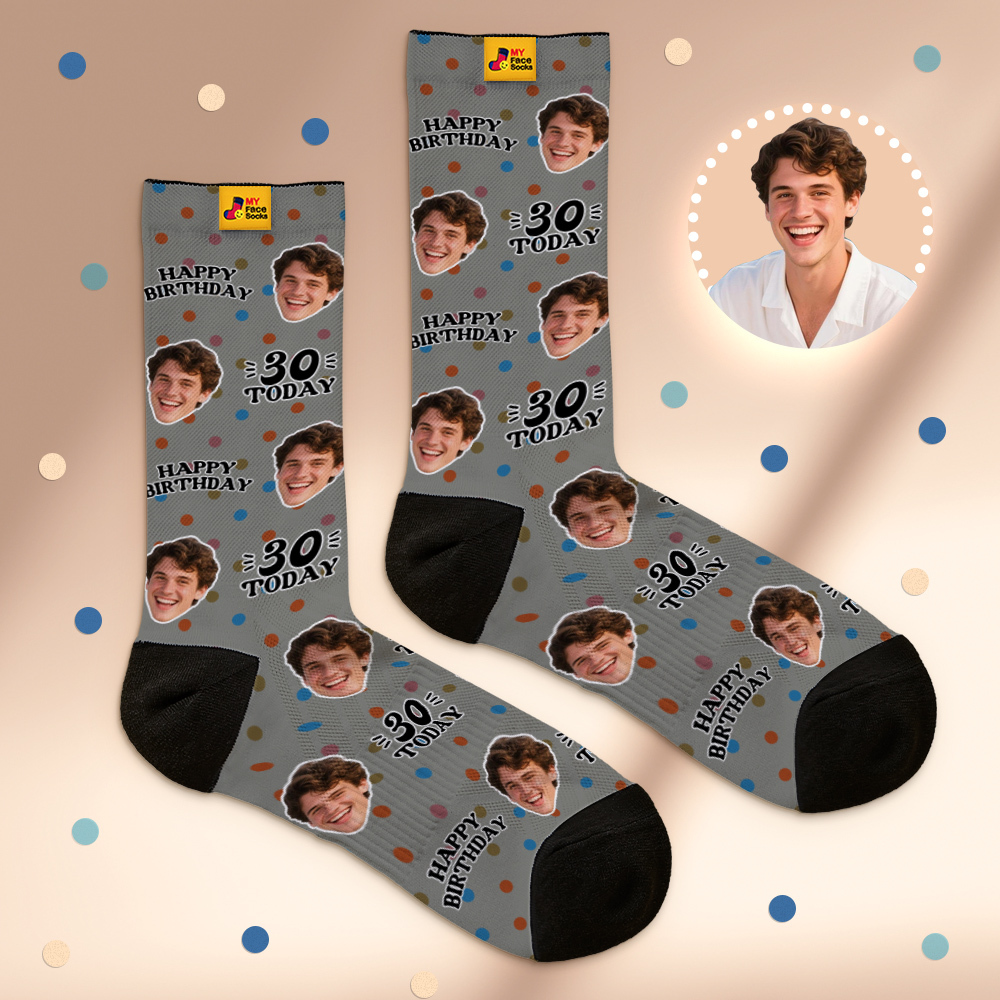 Custom Face Socks Blue Birthday Socks Personalized Birthday Polka Dot Socks with Faces Photo Funny Gift Photo Birthday Socks - myfacesockseu