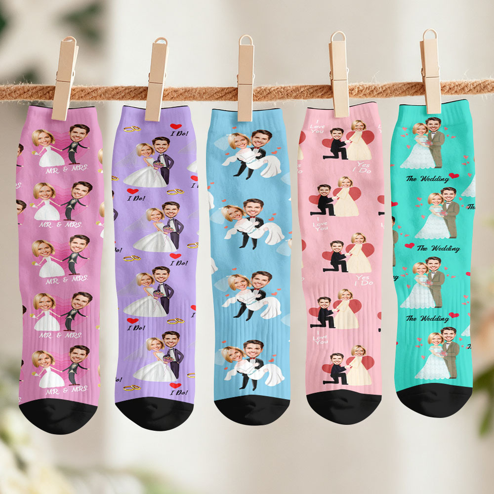 Personalized Wedding Theme Socks Custom Couple Photo Socks, Funny Bride and Groom Gift, Personalized Anniversary or Engagement Present - myfacesockseu