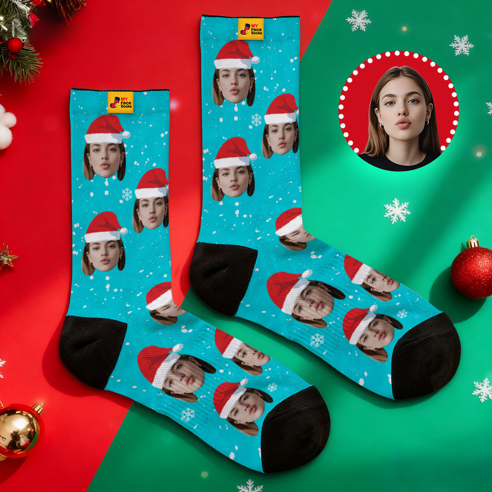 Personalized Christmas Socks Black SantaPhoto Socks Custom Christmas Socks Gift for Family Couple - myfacesockseu