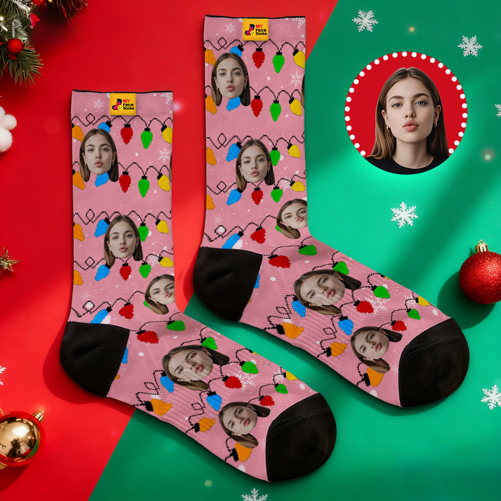 Custom Multicolor Christmas Light Socks Personalized Socks  Perfect Family Holiday Gift Christmas Socks Gift - myfacesockseu