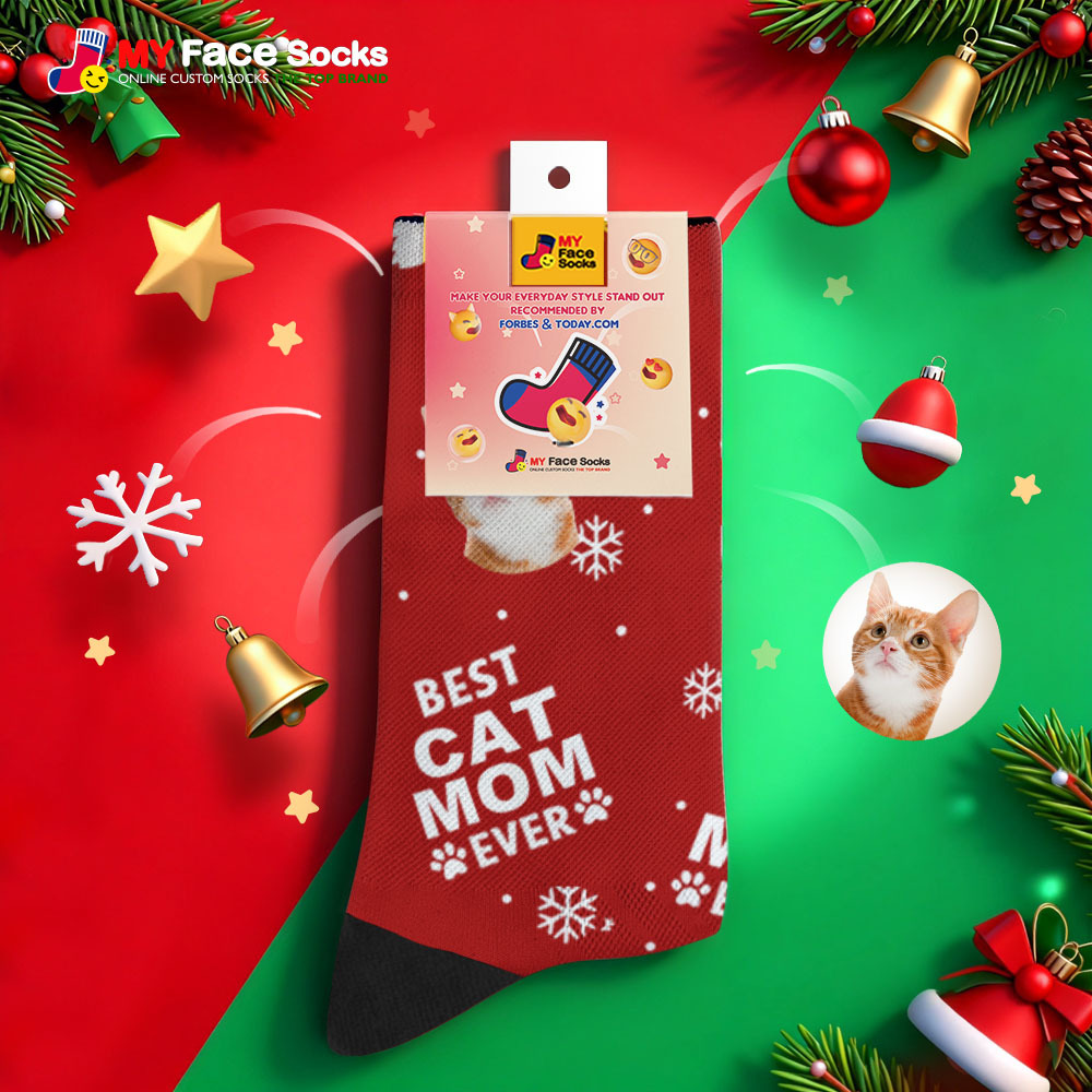 Personalized Pet Cat Theme Socks Christmas Socks Custom Best Cat Mom Socks Pet Lover Santa Socks Gift - myfacesockseu