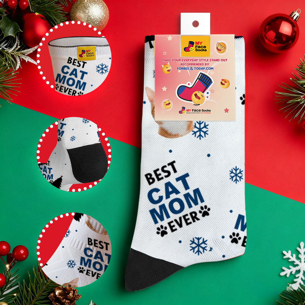 Personalized Pet Cat Theme Socks Christmas Socks Custom Best Cat Mom Socks Pet Lover Santa Socks Gift - myfacesockseu