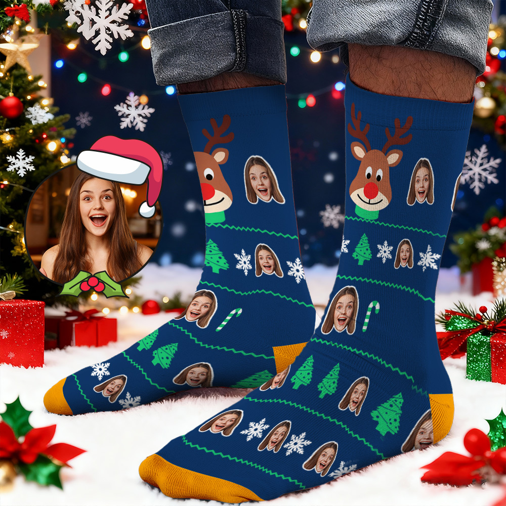 Custom Face Printed Socks Deer Cane Face Socks Personalized Custom Designs Best Santa Gift Idea - myfacesockseu
