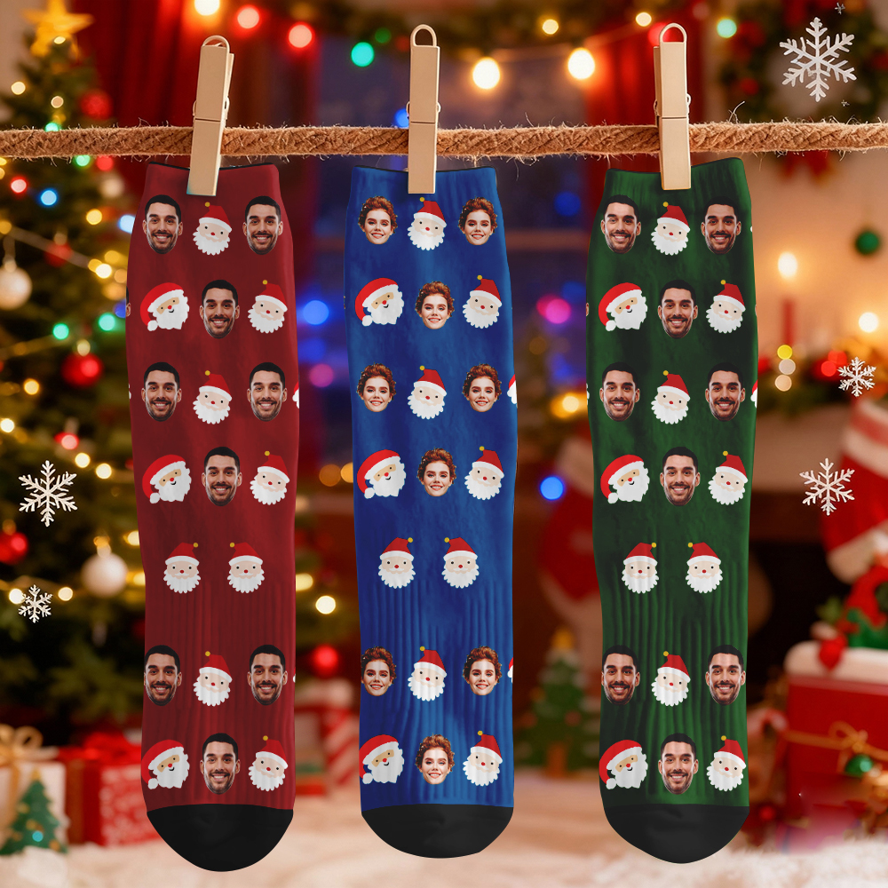 Custom Cute Santa Claus Socks Personalized Christmas Face Socks Santa Gift For Family Couple Kids - myfacesockseu