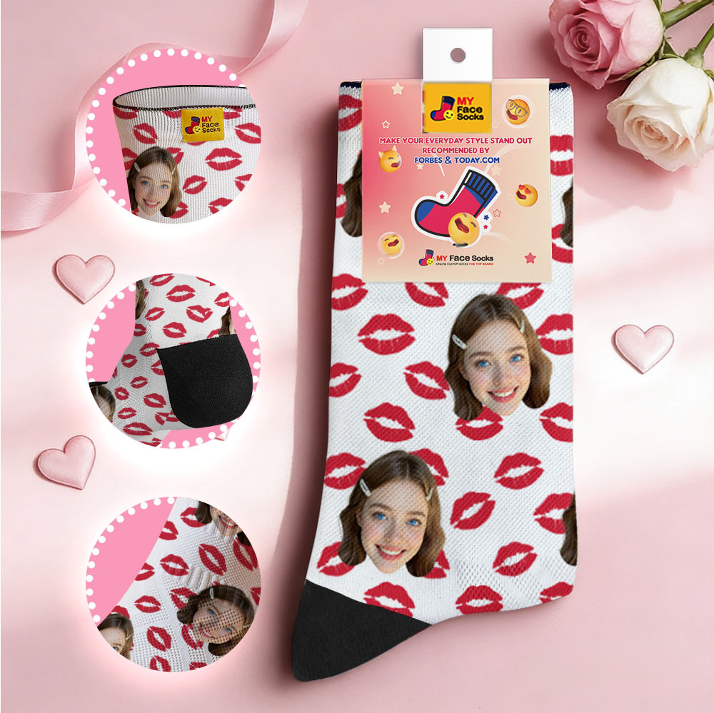 Personalized Red Lips Face Socks Valentine Themed Socks Custom Face Socks Couple Gift - myfacesockseu