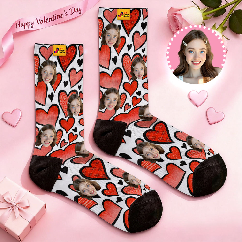 Personalized Red Heart Face Socks Valentine Themed Socks Custom Face Socks Couple Gift