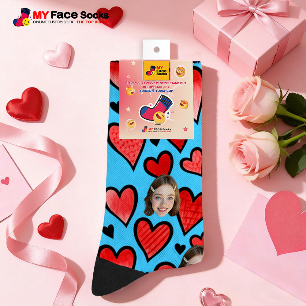 Custom Black Heart Face Socks Personalized Valentine Day Socks with Photo Cute Heart Pattern Couple Gift - myfacesockseu