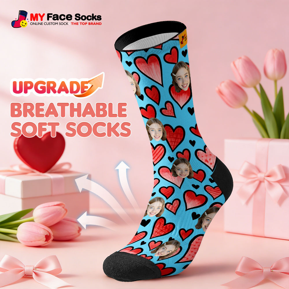 Custom Black Heart Face Socks Personalized Valentine Day Socks with Photo Cute Heart Pattern Couple Gift - myfacesockseu