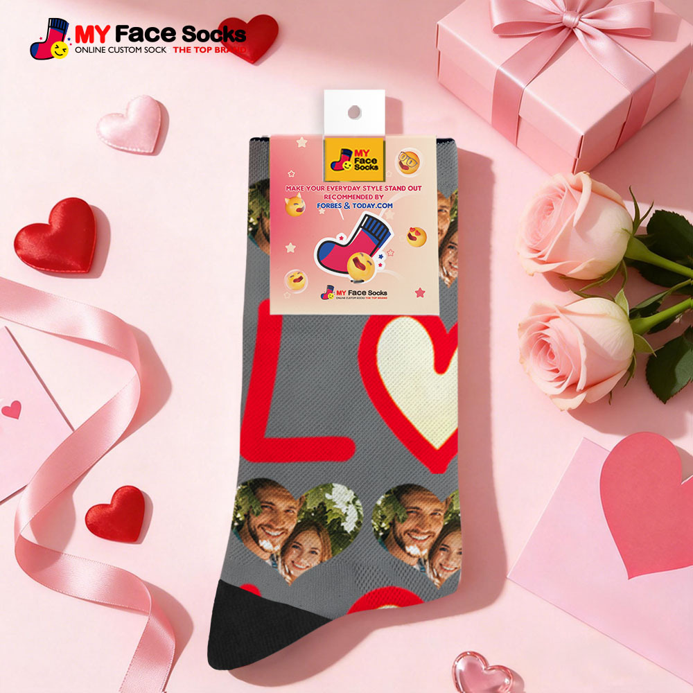 Custom Black Heart Face Socks Personalized Valentine Day Socks with Photo Cute Heart Pattern Couple Gift - myfacesockseu