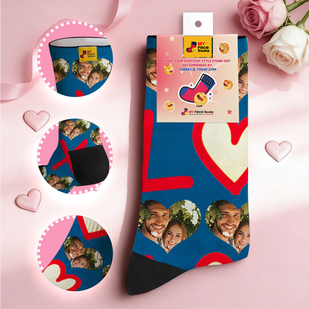 Custom Black Heart Face Socks Personalized Valentine Day Socks with Photo Cute Heart Pattern Couple Gift - myfacesockseu