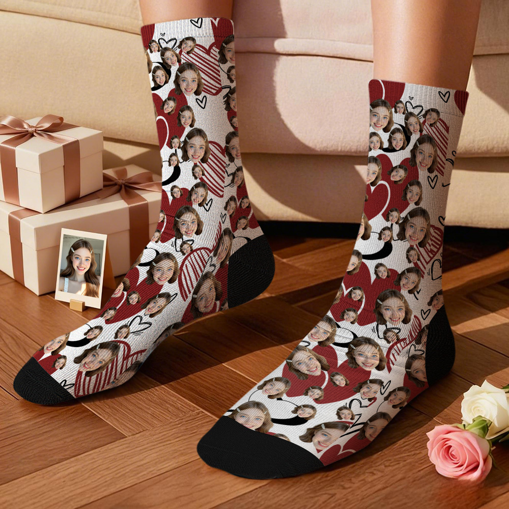 Personalized Valentine Face Socks Gift Custom White Photo Heart Socks Cute Gift for Him or Her - myfacesockseu