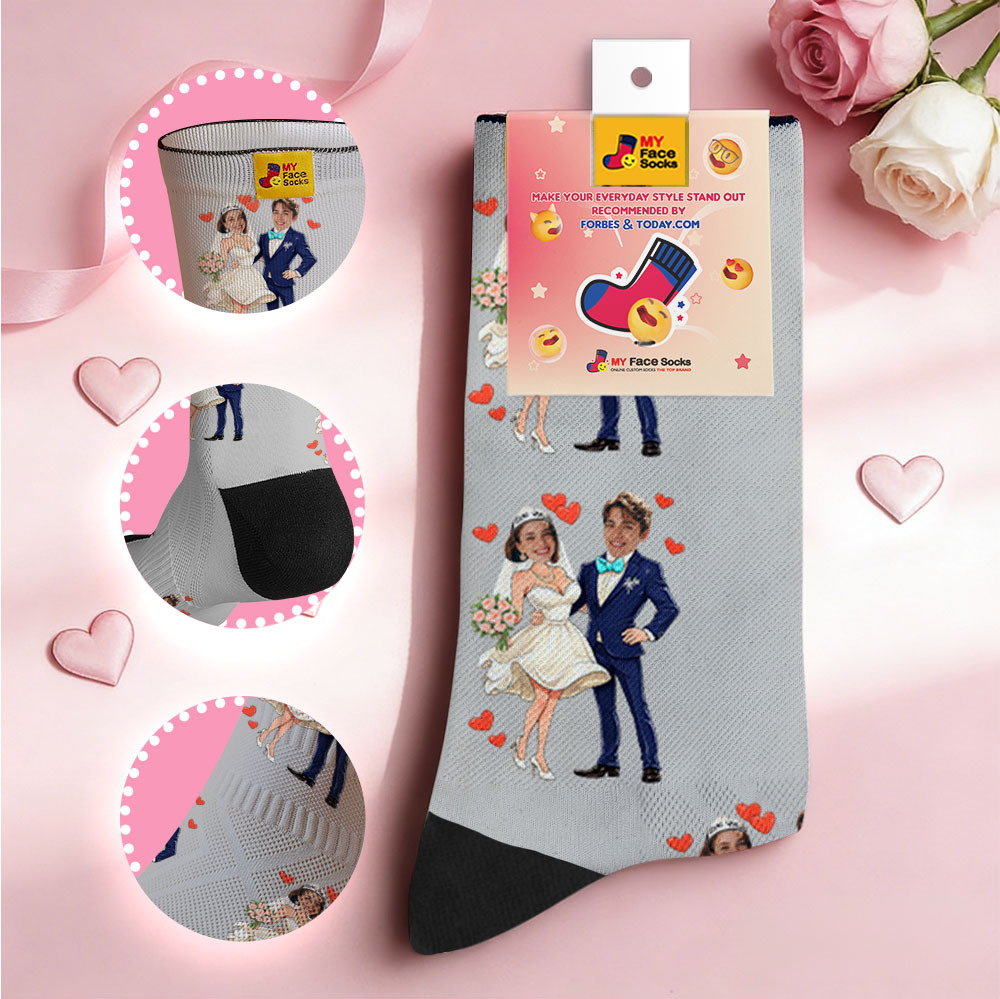 Custom Wedding Theme Black Face Socks Personalized Couple Name Valentine Day Socks with Photo Cute Couple Gift - myfacesockseu