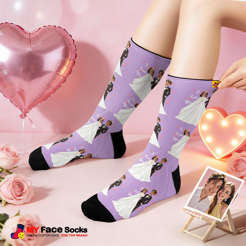 Custom Wedding Theme Black Face Socks Personalized Couple Name Valentine Day Socks with Photo Cute Couple Gift - myfacesockseu