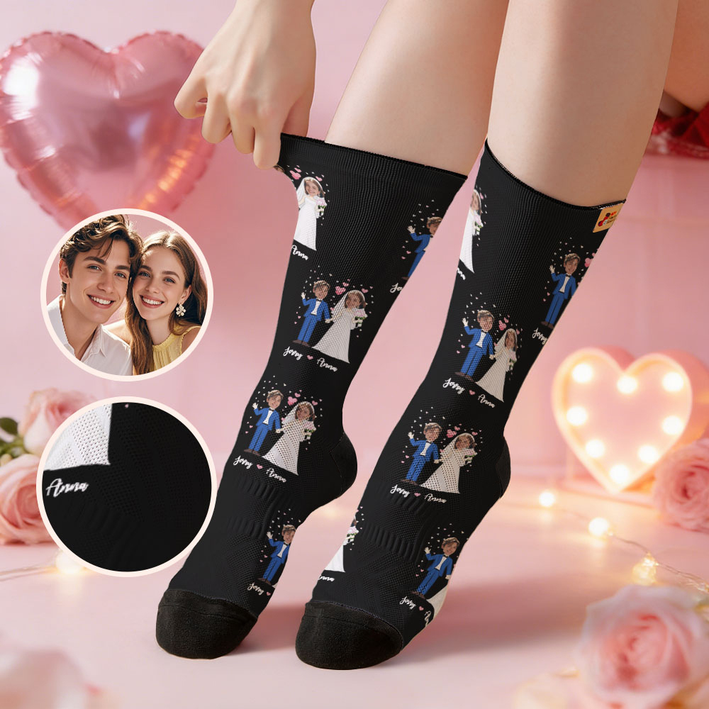 Custom Wedding Theme Black Face Socks Personalized Couple Name Valentine Day Socks with Photo Cute Couple Gift - myfacesockseu