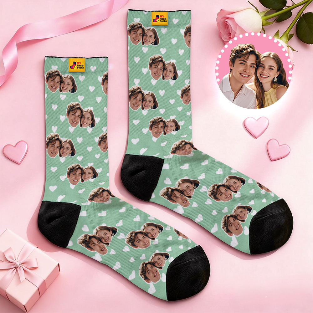 Custom Couple Theme Heart Face Socks Personalized Couple Valentine Day Socks with Photo Cute Couple Gift - myfacesockseu
