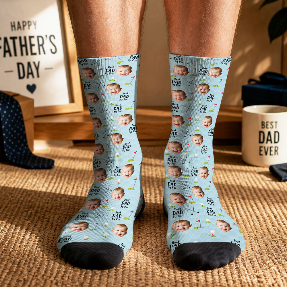 Personalized Golf Socks with Kids Photo, Best Dad By Par Golf Gift, Custom Father’s Day Socks for Dad Grandpa Husband Golfer, Pet Dad Socks - myfacesockseu