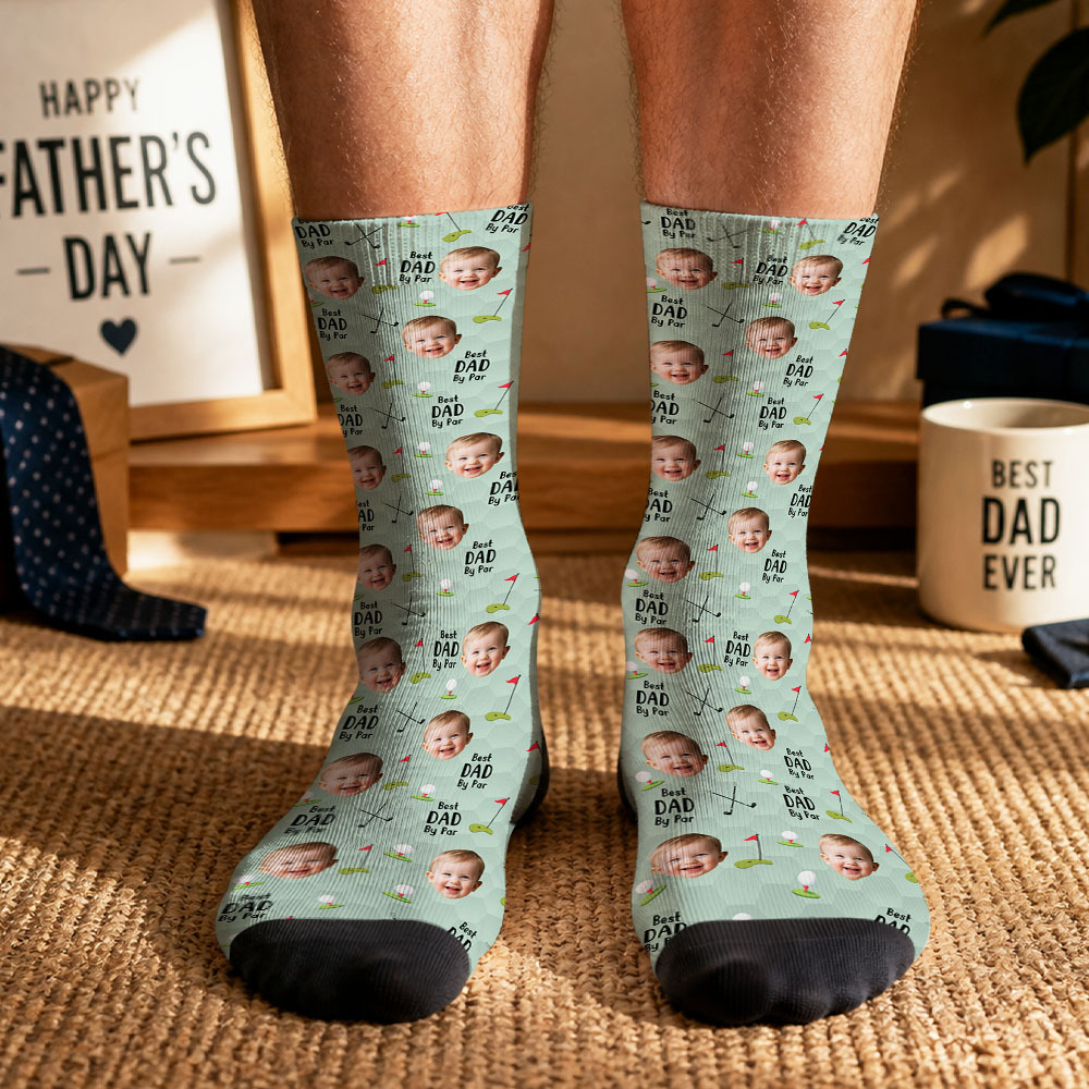 Personalized Golf Socks with Kids Photo, Best Dad By Par Golf Gift, Custom Father’s Day Socks for Dad Grandpa Husband Golfer, Pet Dad Socks - myfacesockseu