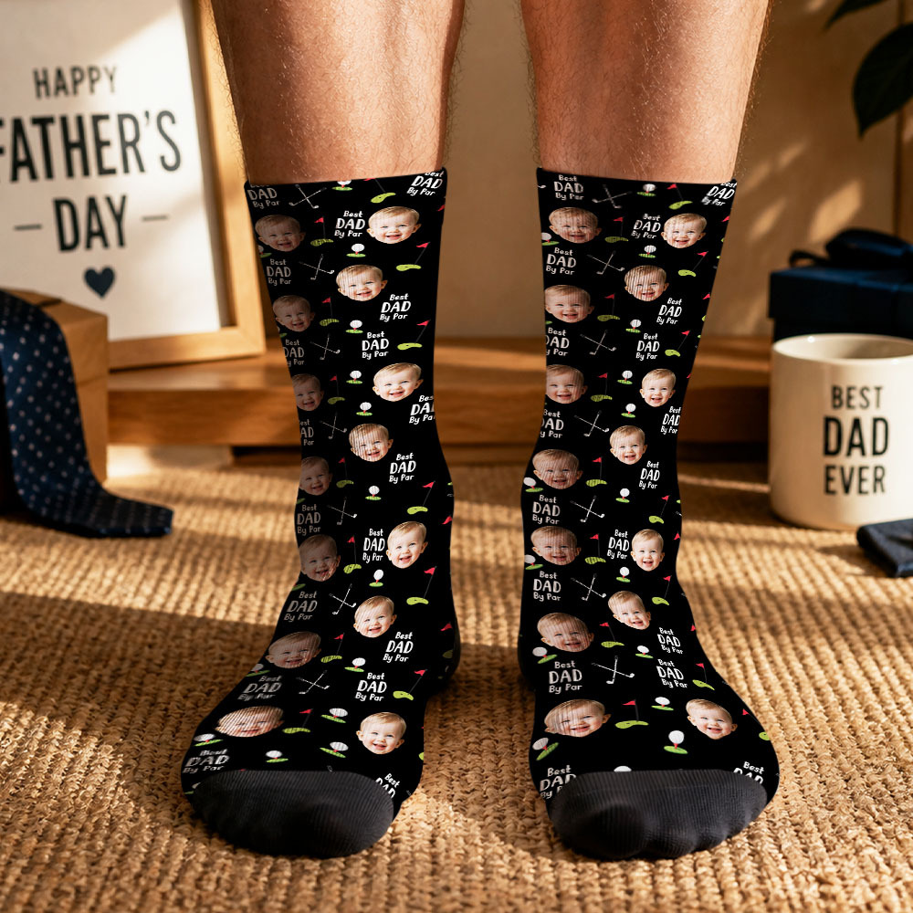 Personalized Golf Socks with Kids Photo, Best Dad By Par Golf Gift, Custom Father’s Day Socks for Dad Grandpa Husband Golfer, Pet Dad Socks - myfacesockseu
