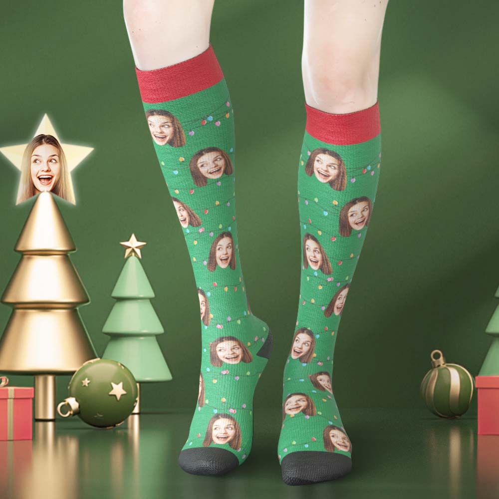 Custom Face Knee High Socks Personalised Photo Socks Christmas Lights - MyFaceSocksEU