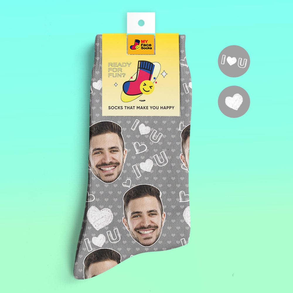 Custom 3D Digital Printed Socks Add Pictures and Name I Love U Heart - MyFaceSocksEU