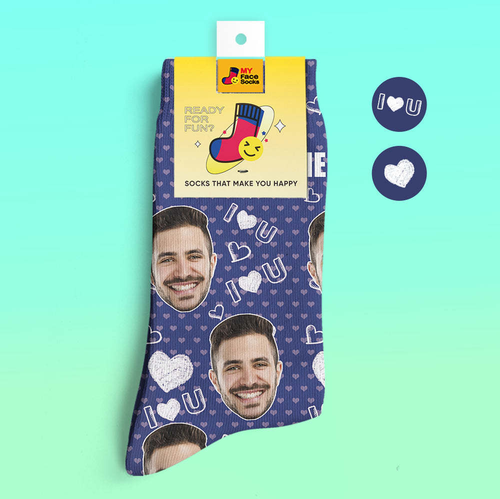 Custom 3D Digital Printed Socks Add Pictures and Name I Love U Heart - MyFaceSocksEU