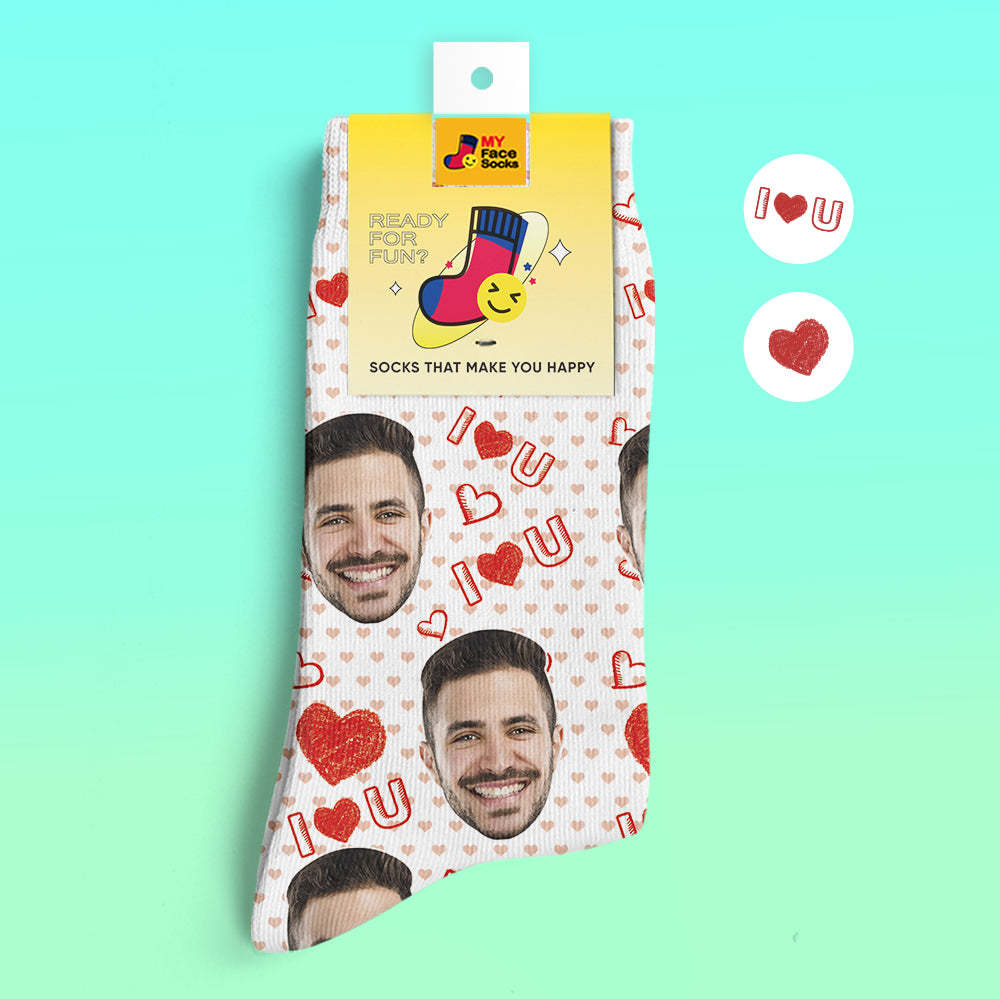 Custom 3D Digital Printed Socks Add Pictures and Name I Love U Heart - MyFaceSocksEU