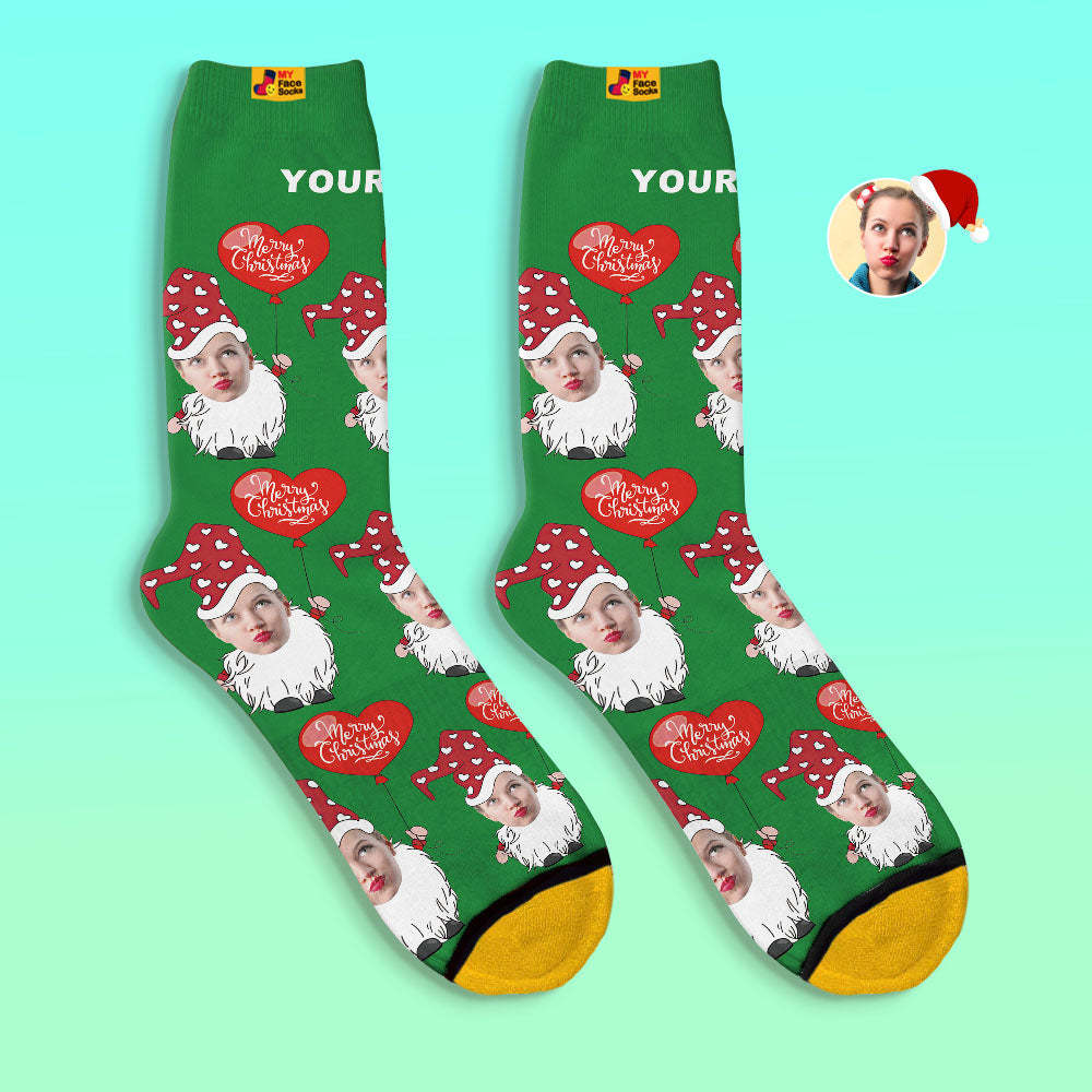 Custom 3D Digital Printed Socks Christmas Gnome With Heart Shaped Balloon Christmas Socks - MyFaceSocksEU