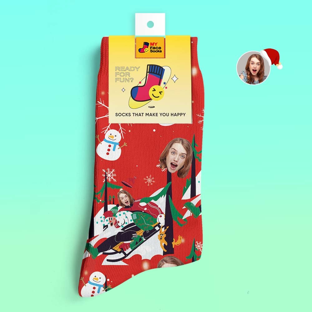 Custom 3D Digital Printed Socks Christmas Gift Socks Sledding Together - MyFaceSocksEU