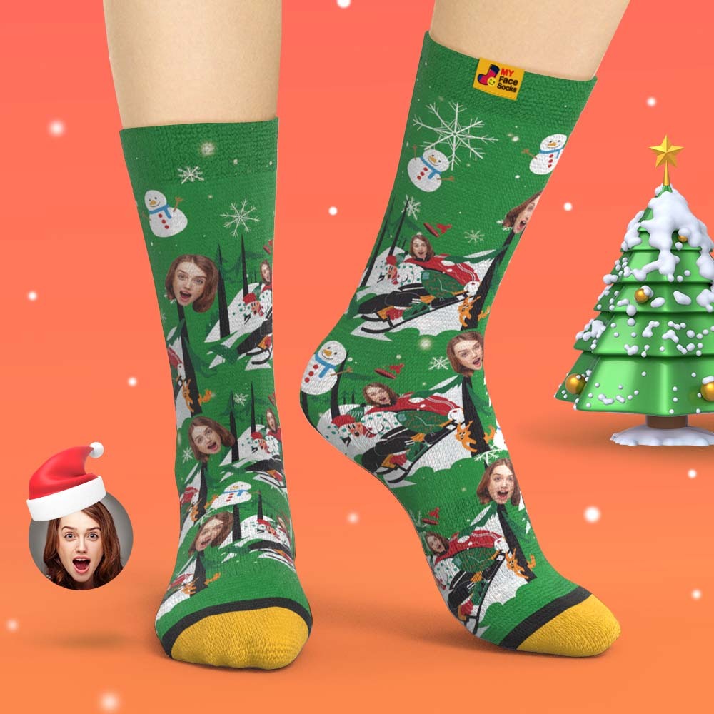 Custom 3D Digital Printed Socks Christmas Gift Socks Sledding Together - MyFaceSocksEU