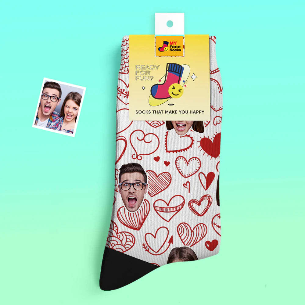 Custom Thick Photo Socks Valentine's Day Gift Warm Socks Fluttering Hearts All-Over Face Socks - MyFaceSocksEU