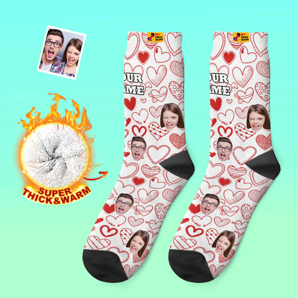 Custom Thick Photo Socks Valentine's Day Gift Warm Socks Fluttering Hearts All-Over Face Socks - MyFaceSocksEU