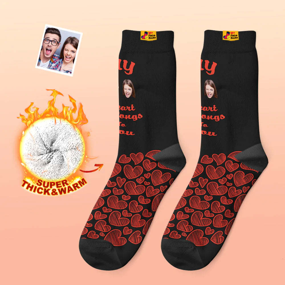 Custom Thick Photo Socks Valentine's Day Gift Warm Socks My Heart Belongs To You Face Socks - MyFaceSocksEU