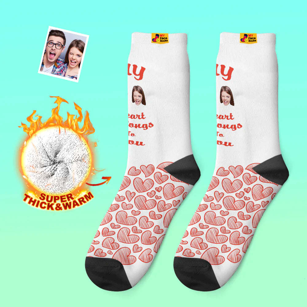 Custom Thick Photo Socks Valentine's Day Gift Warm Socks My Heart Belongs To You Face Socks - MyFaceSocksEU