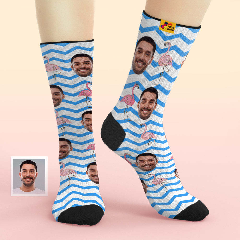 Custom Face Socks Add Pictures and Name Pink Flamingos Blue Zig Zag Breathable Soft Socks - MyFaceSocksEU