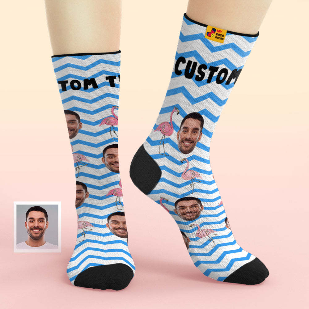 Custom Face Socks Add Pictures and Name Pink Flamingos Blue Zig Zag Breathable Soft Socks - MyFaceSocksEU