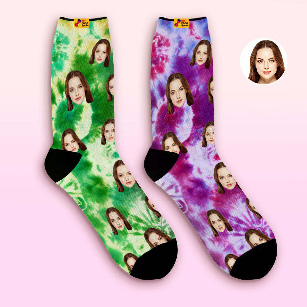 Custom Mismatched Couple Socks Tie-Dye Style Breathable Face Socks Personalized Soft Socks Gifts - MyFaceSocksEU