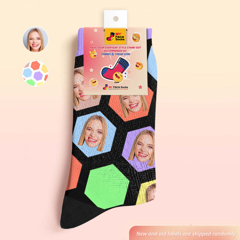 Custom Face Socks Add Pictures and Name Hexagon Breathable Soft Socks - MyFaceSocksEU
