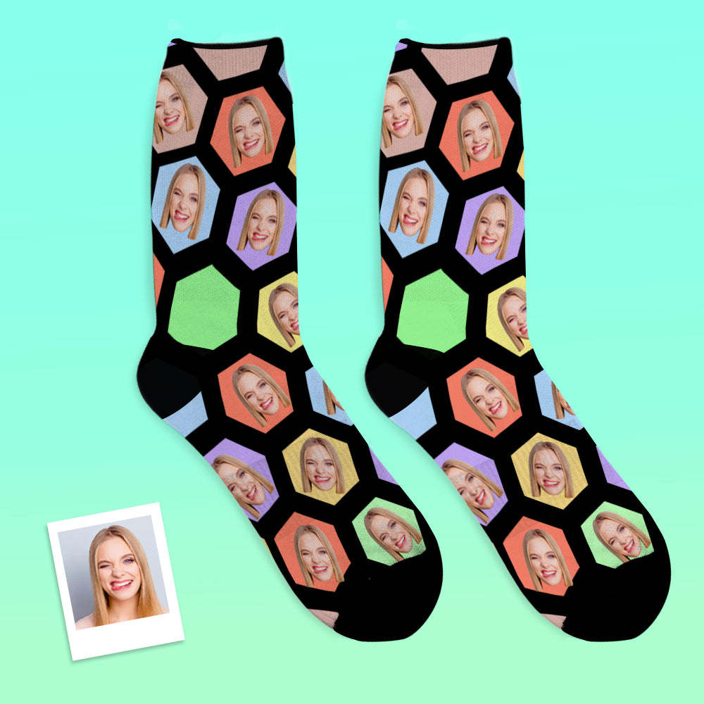 Custom Face Socks Add Pictures and Name Hexagon Breathable Soft Socks - MyFaceSocksEU