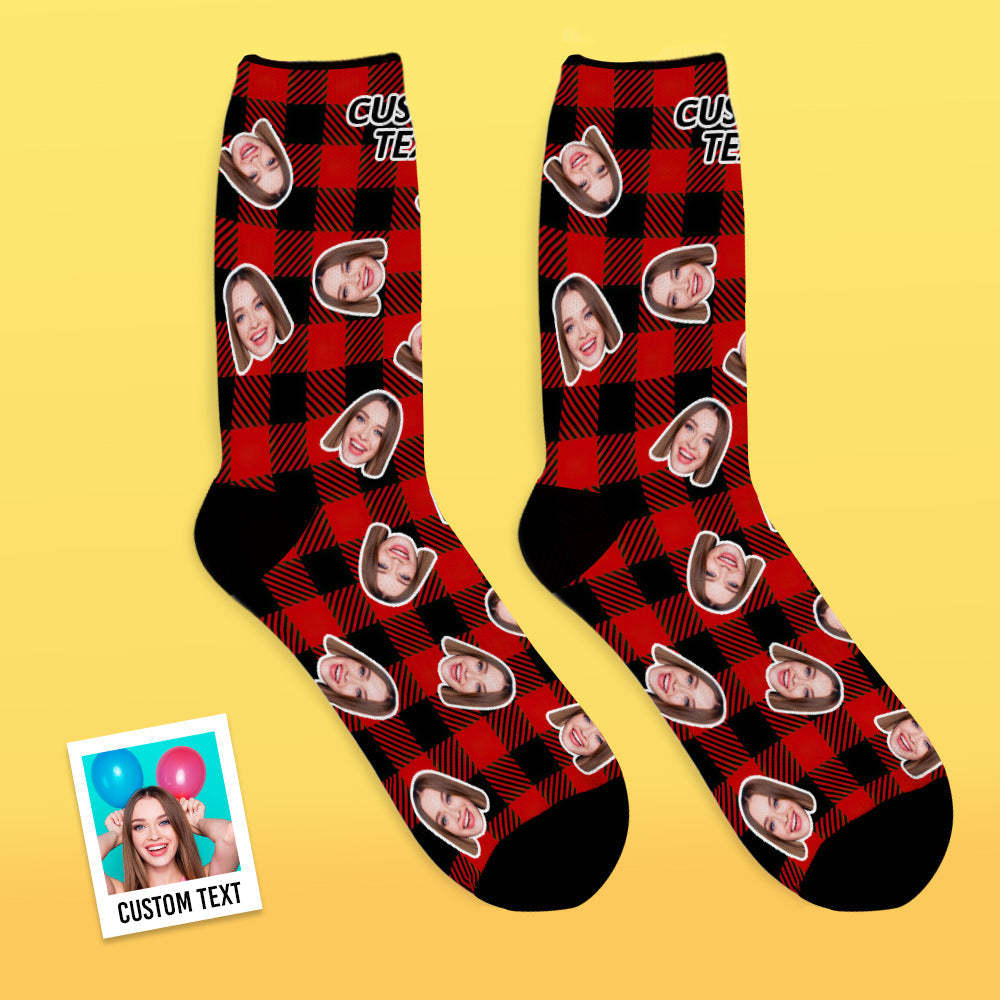 Custom Face Socks Add Pictures and Name Red Plaid Print Breathable Soft Socks - MyFaceSocksEU