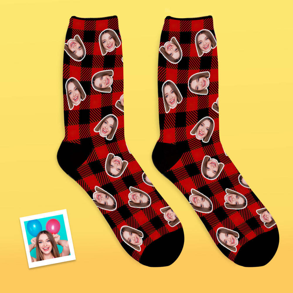 Custom Face Socks Add Pictures and Name Red Plaid Print Breathable Soft Socks - MyFaceSocksEU