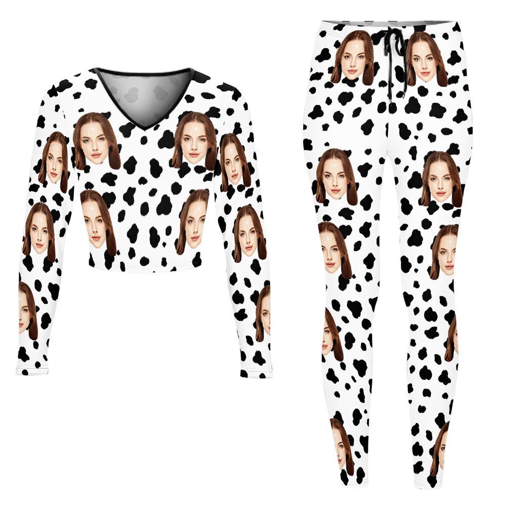 Custom Face Women's V-Neck Sweatshirt Set Stretch Casual Costume - Dalmatian - MyFaceSocksEU